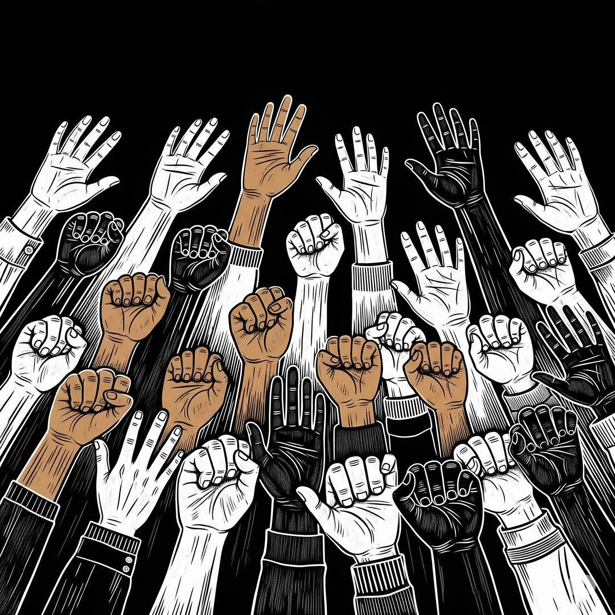 Many hands reaching for the sky