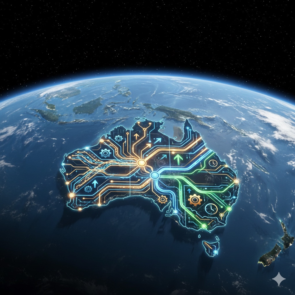 Australia is seen from space covered in a network of electric neon lines