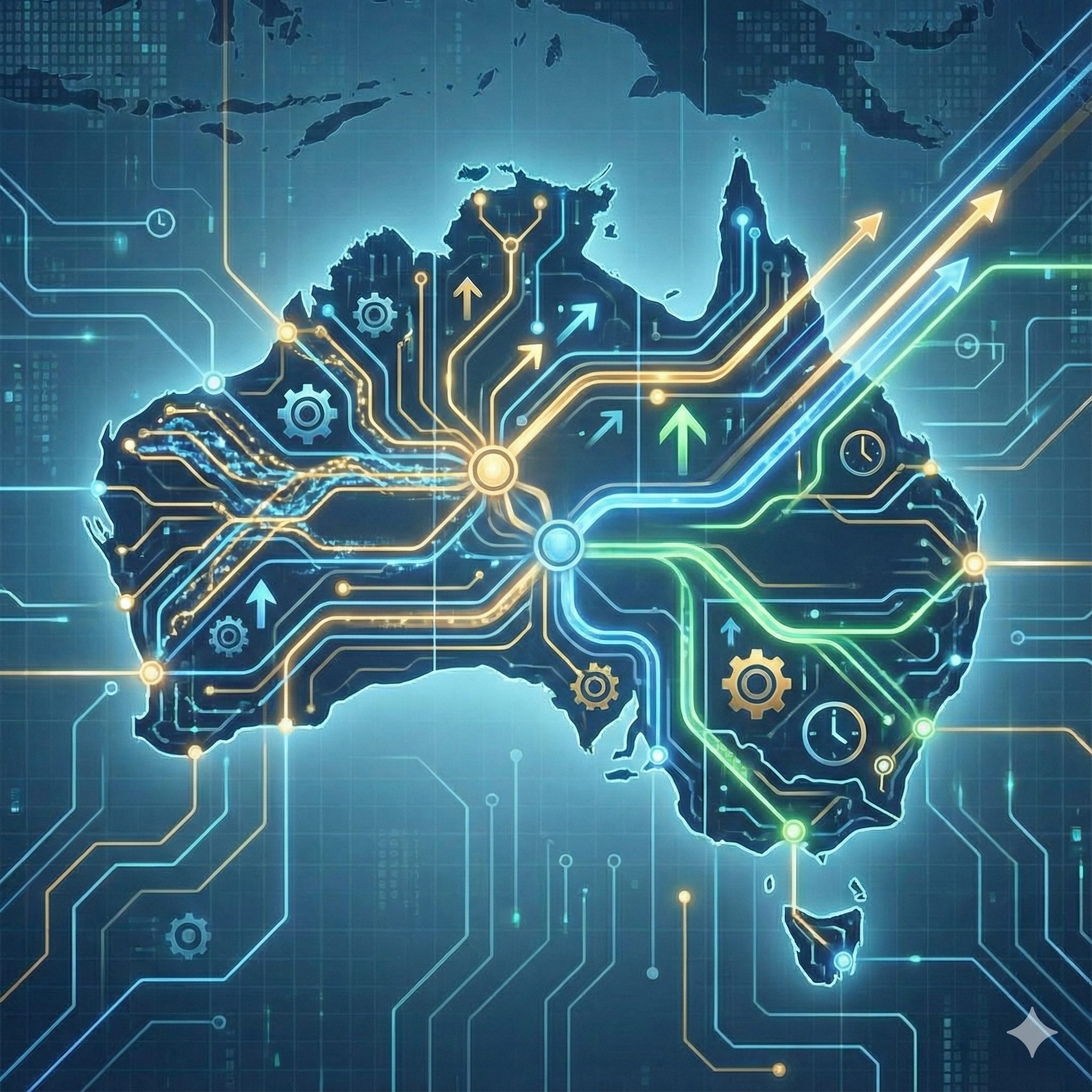 A network of electric neon glowing lines covers Australia