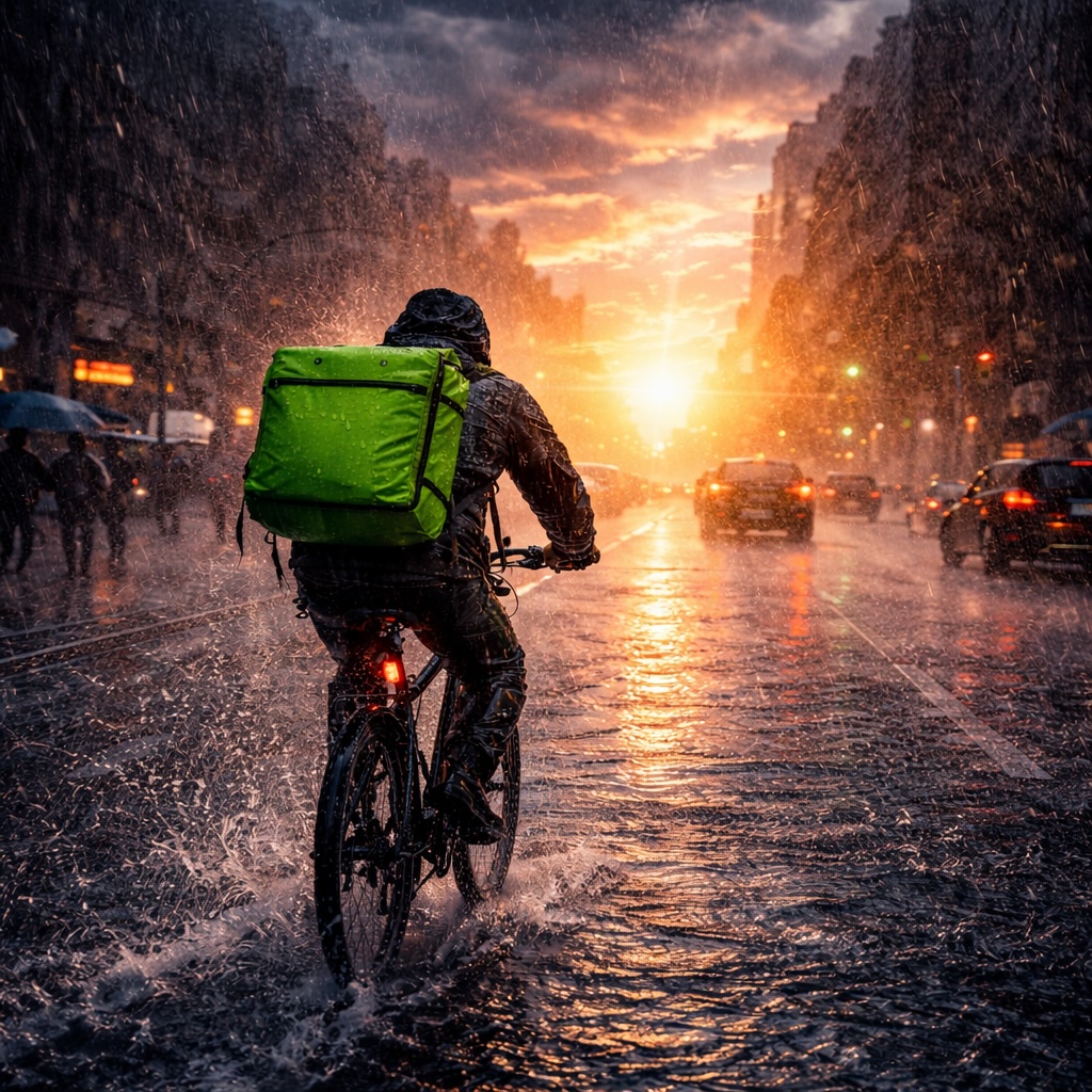 Ride share rider on a rainy street
